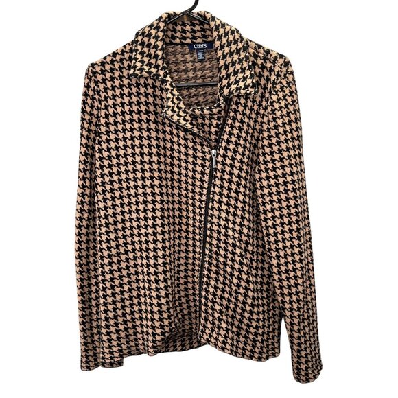 Chaps Houndstooth Moto Jacket Asymmetrical XL Tan Black Zip Front Knit Coat - Picture 1 of 7